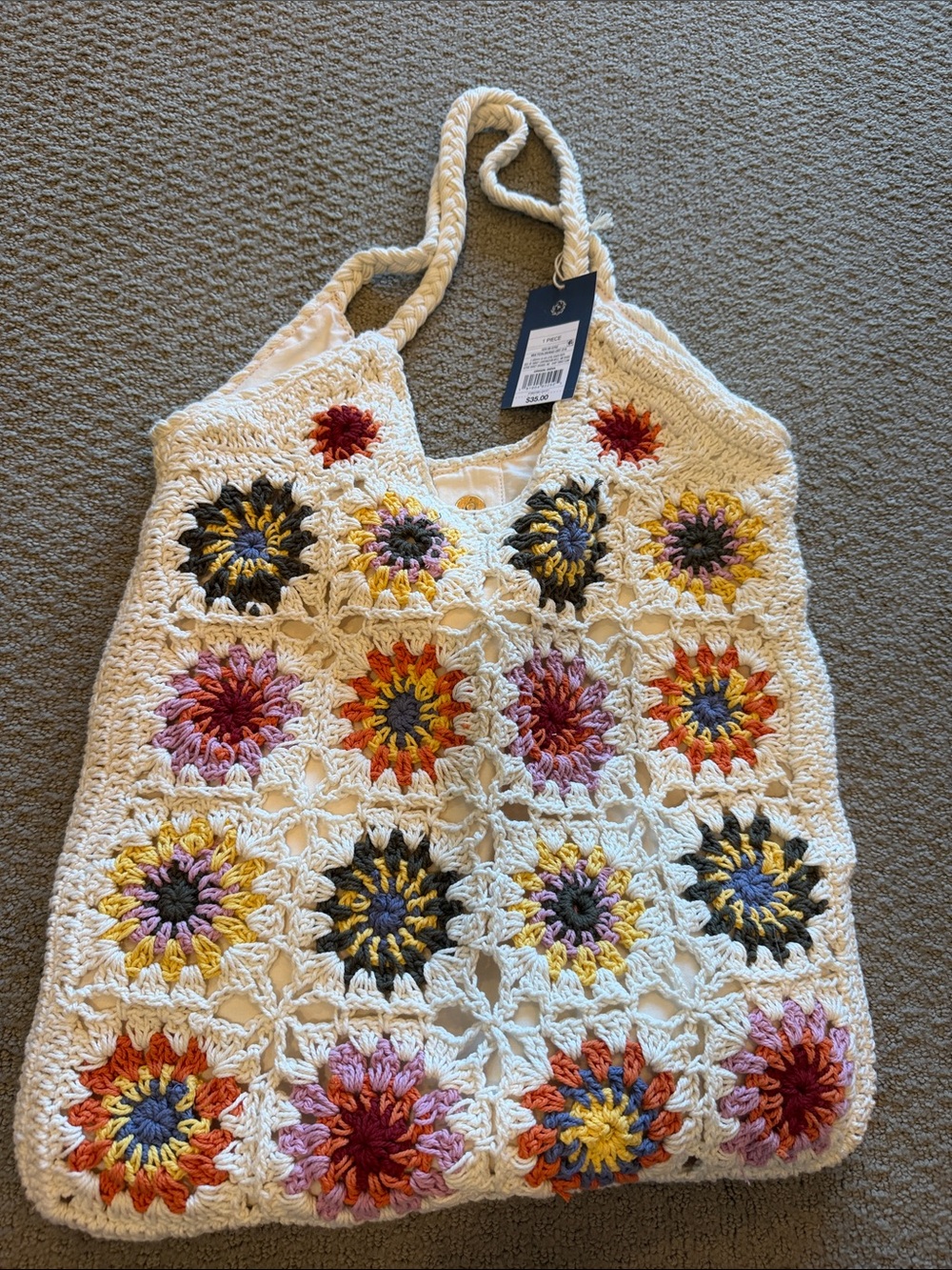 Target Crochet Tote Bag Cream with Multicolor Sunburst Squares